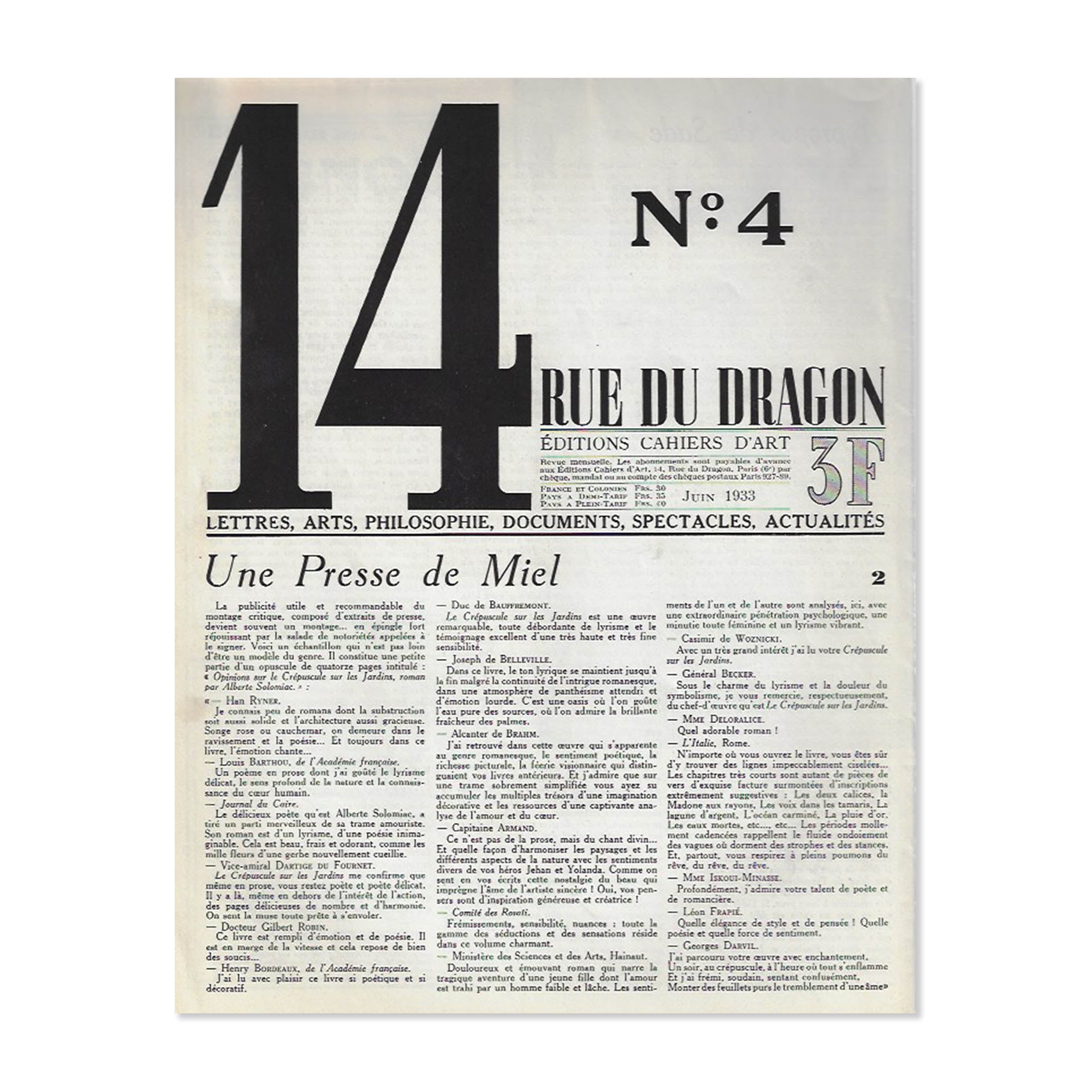 Revue 14 Rue du Dragon. Number 4. Juin 1933. image 0