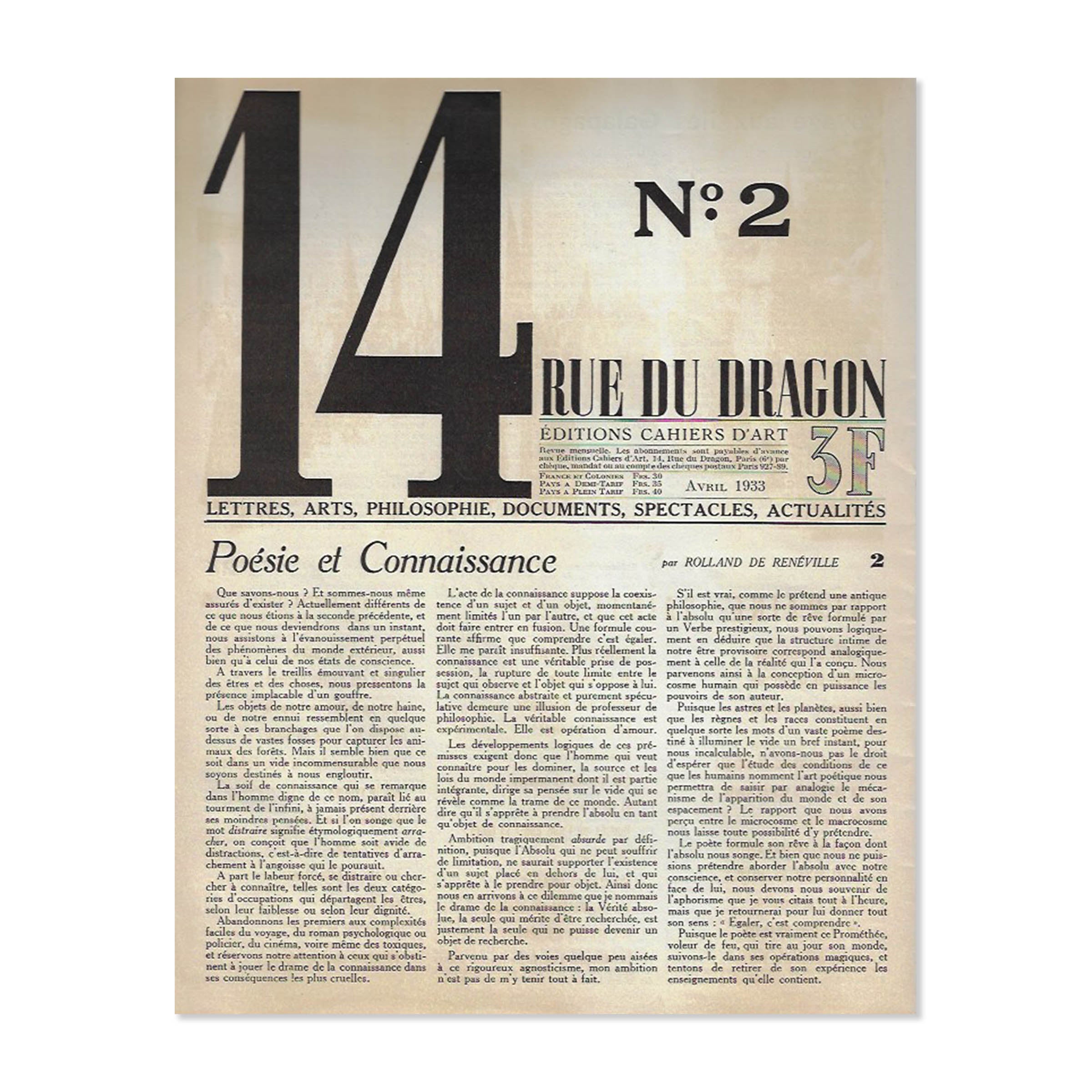 Revue 14 Rue du Dragon. Number 2. Avril 1933. image 0